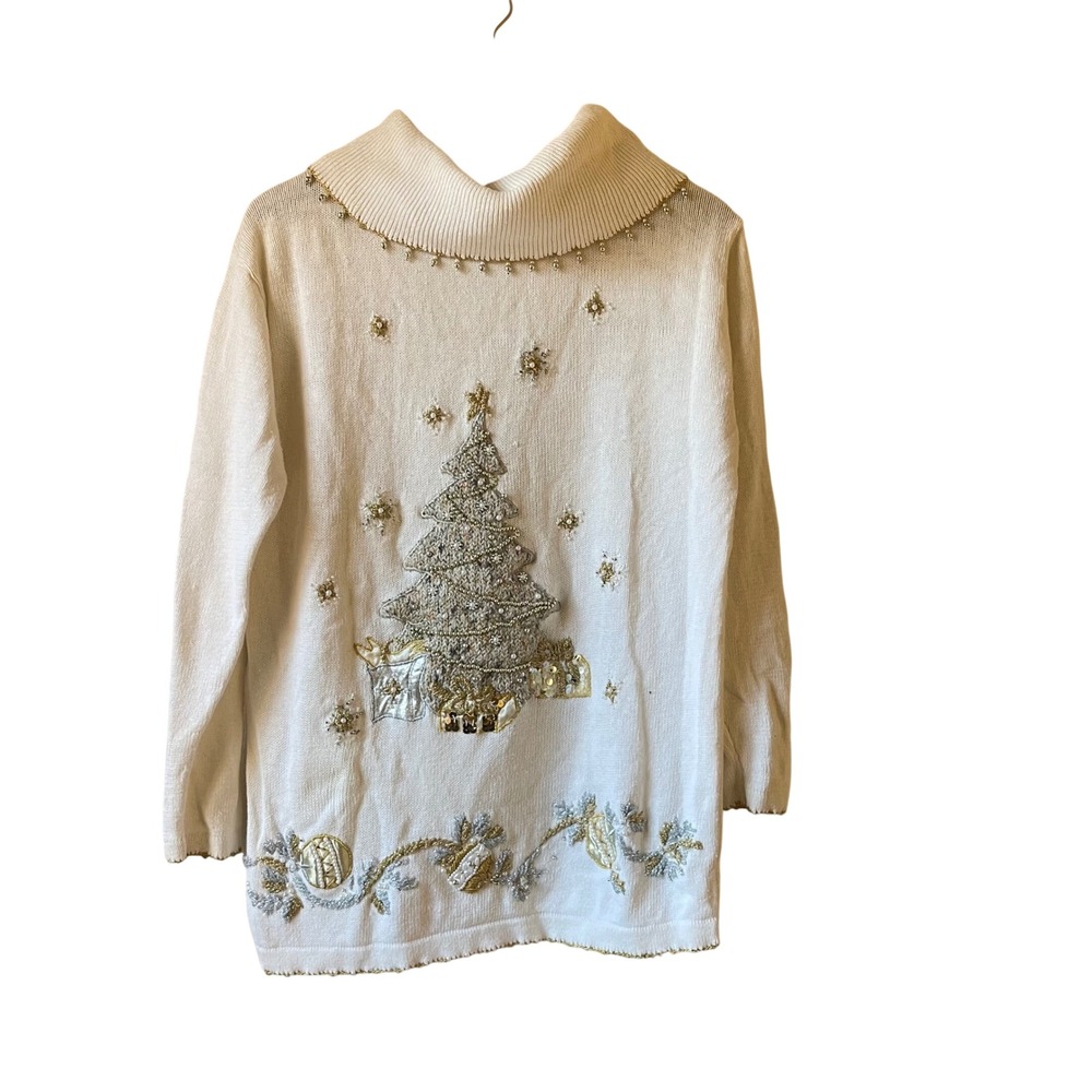 Vintage Victoria Jones White Beaded Christmas Tree Cowl Neck Sweater Women's L